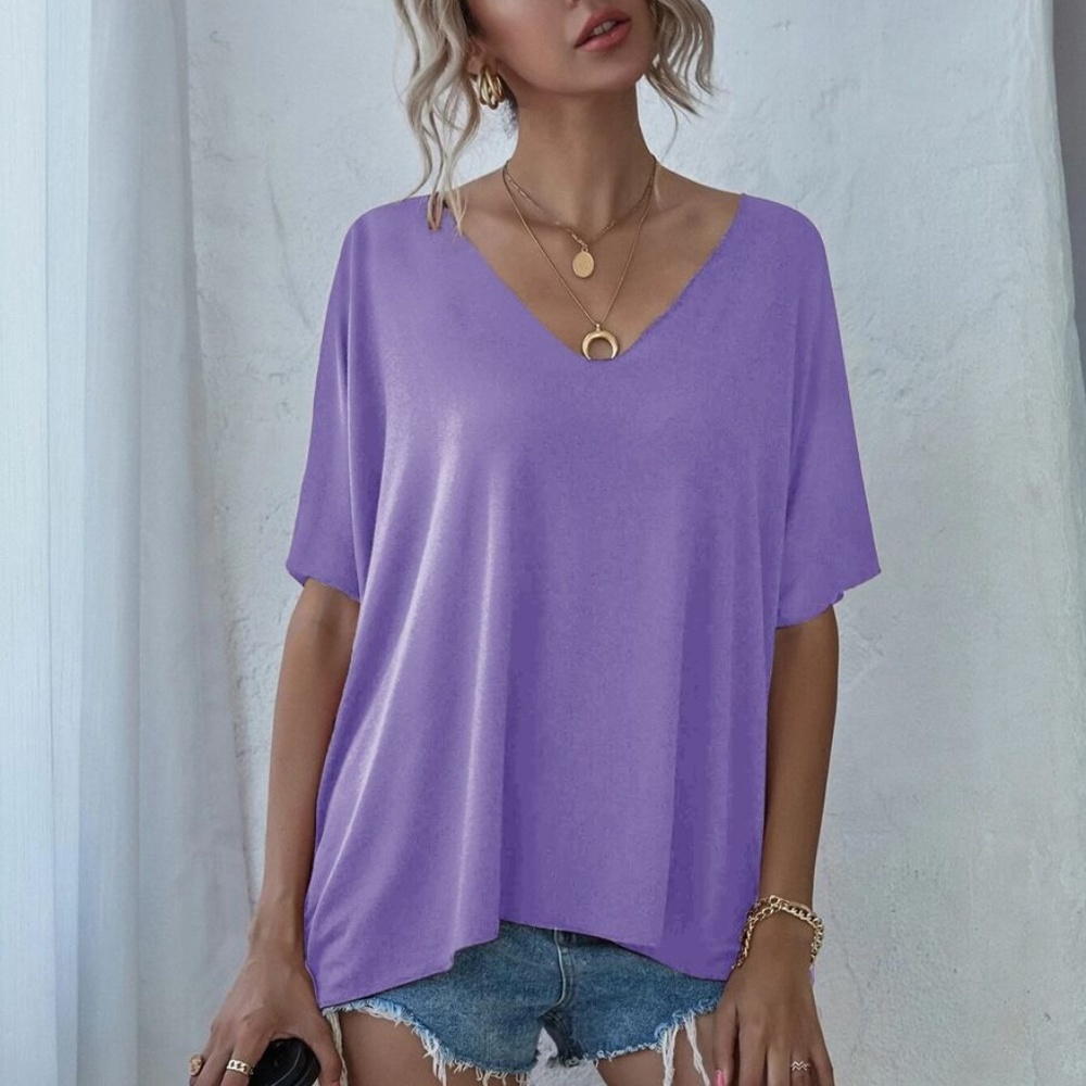 Lilac V neck Classic Dolman Sleeve Oversized Top - Picture 9 of 9